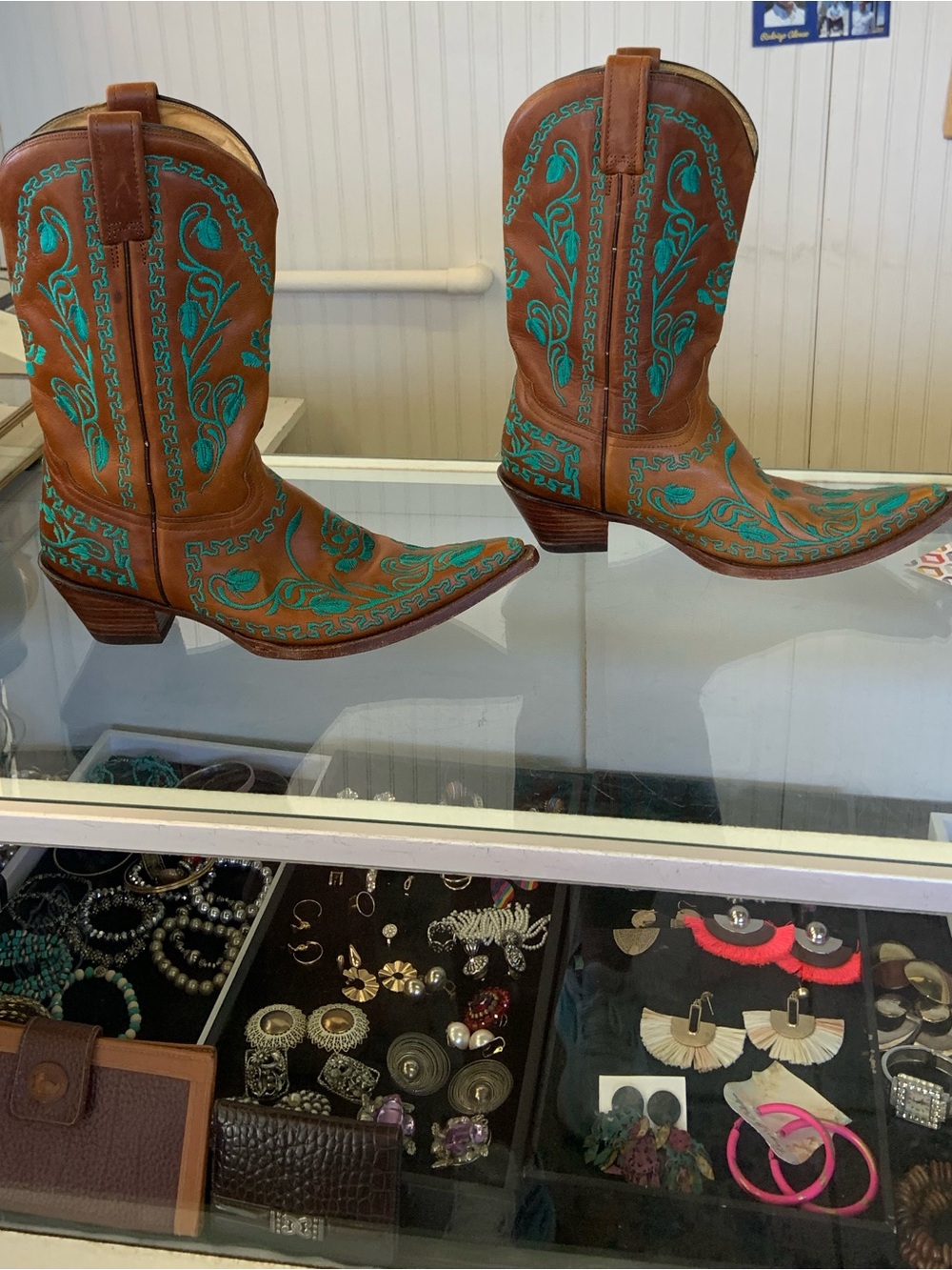 Vintage Corral Turquoise-Embroidered Brown Leather Western Boots